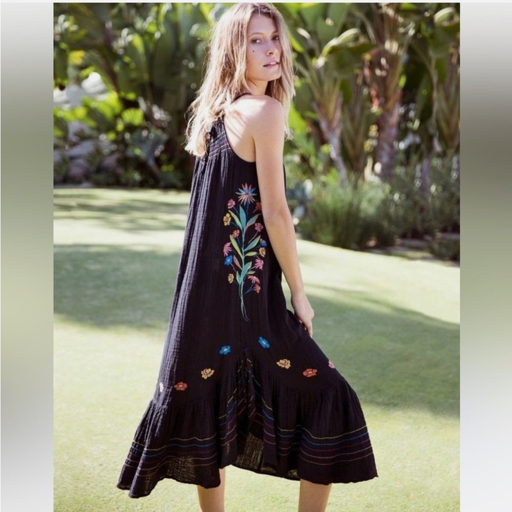 Anthropologie Mexican Floral Embroidered Black Maxi Tunic Beach Sun Dress